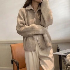 Yipinpay cardigan sweater female spring and autumn lapel zipper sweater long sleeve solid women foreign outerwear cardigan female