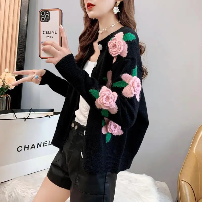 Yipinpay Female 2024 Spring and Autumn Knitwear Women Heavy Industry Rose Blossom Embroidery Contrast Sweater Coat Cardigan