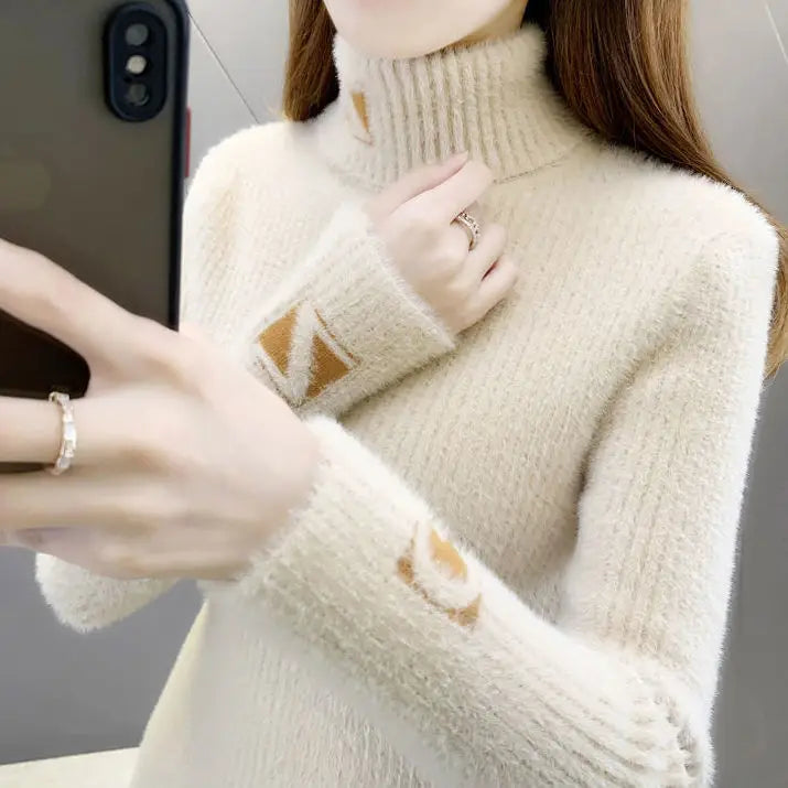 Yipinpay Collar Pullover Sweater Women Mink Letter Jacquard Underlay Solid Western Knit Undercoat Autumn Winter Pullover Sweater