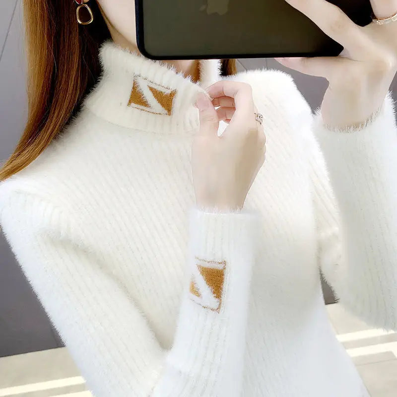 Yipinpay Collar Pullover Sweater Women Mink Letter Jacquard Underlay Solid Western Knit Undercoat Autumn Winter Pullover Sweater