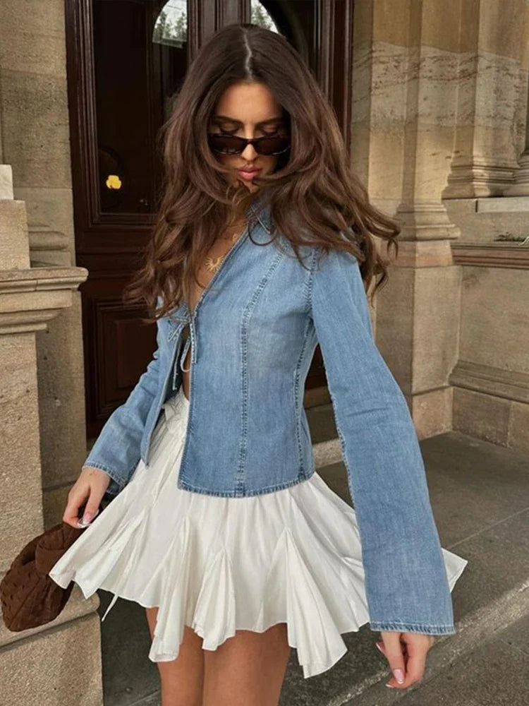 Yipinpay Blue Denim Lace Up Blouse For Women 2024 Summer Casual V-neck Long Sleeve Shirts Elegant Lady Street Chic Tops