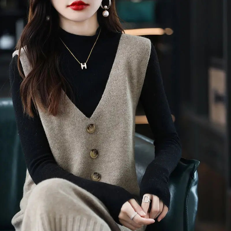 Yipinpay knitted vest skirt long V-neck casual loose sweater solid 2024 autumn and winter knitted sleeveless women vest sweater