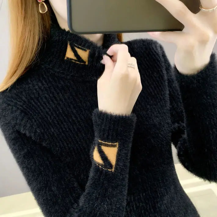 Yipinpay Collar Pullover Sweater Women Mink Letter Jacquard Underlay Solid Western Knit Undercoat Autumn Winter Pullover Sweater