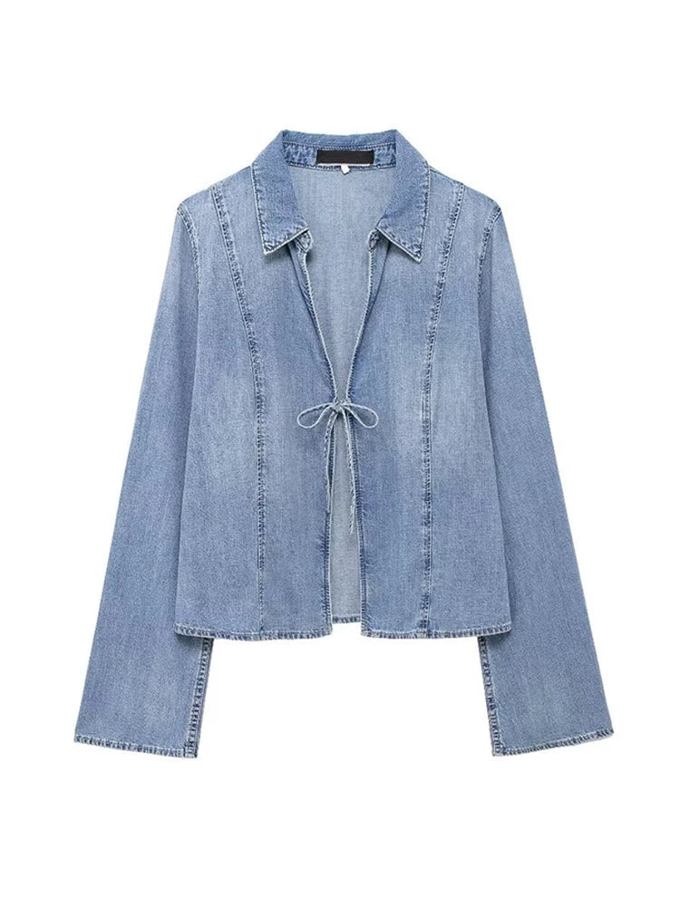 Yipinpay Blue Denim Lace Up Blouse For Women 2024 Summer Casual V-neck Long Sleeve Shirts Elegant Lady Street Chic Tops