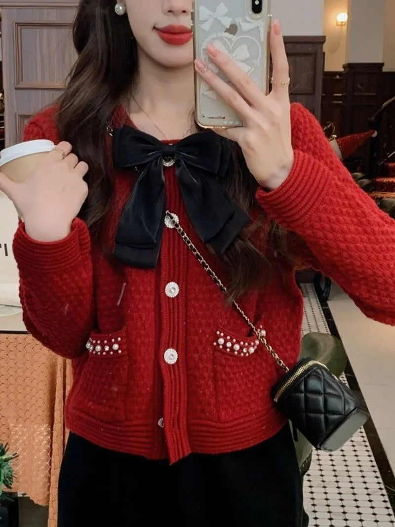 Yipinpay Knitted Cardigan Coat Design Sense Short Sweater Female 2024 Foreign Long Sleeve O Neck Sweater Cardigan Female Tops