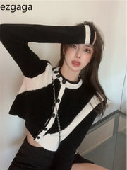 Yipinpay Cropped Cardigan Women Elegant Patchwork O Neck Long Sleeve French Style Chic Knitted Sweater Outwear Fashion Tops