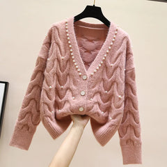 Yipinpay new fashion all-match knitted outer wear sweater Sweet beaded V-neck knitted cardigan women's spring