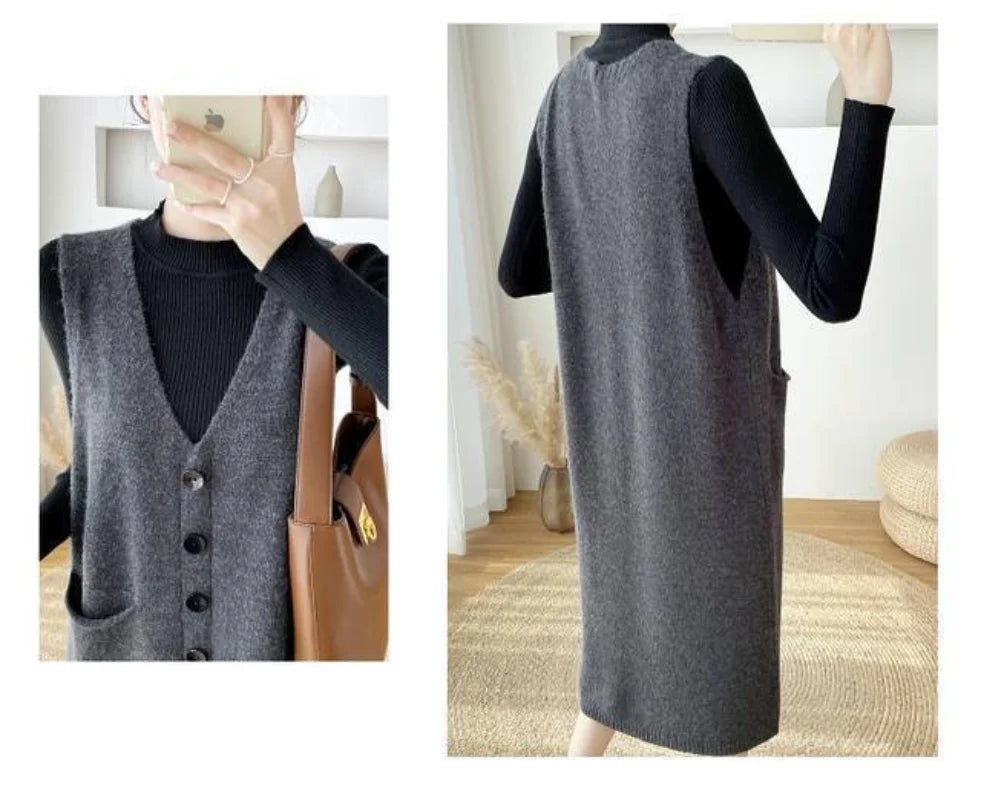 Yipinpay length knitted vest skirt new loose and V-neck sweater 2024 Spring and Autumn Sweater Women Tank Top Dress Vest Female Tops