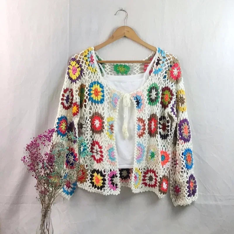 Yipinpay crochet sweater jacket 2024 spring and autumn fashion women's loose ethnic style cardigan jacket casual sweater