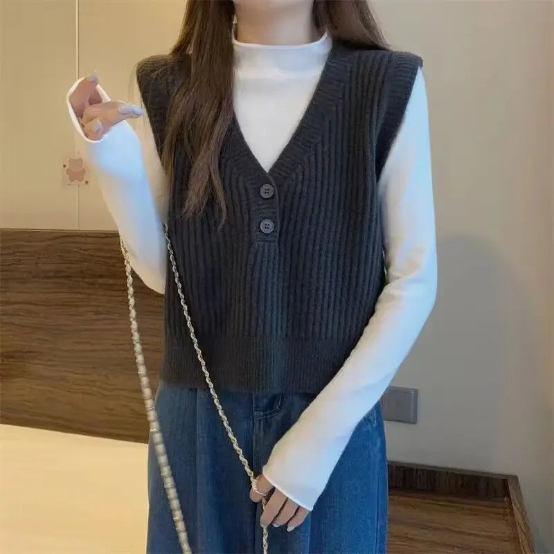 Yipinpay Knitted Vest for Women's Spring and Autumn Design Sleeveless V-neck Sweater Japanese Style Is Lazy and Retro