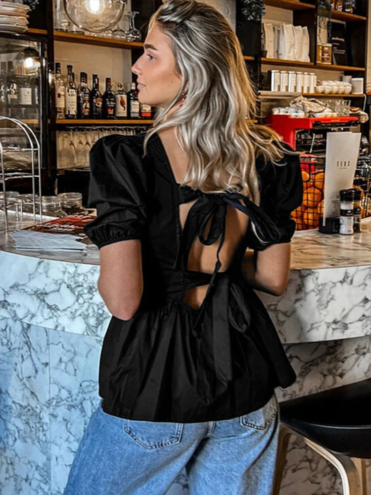 Yipinpay Backless Short Sleeve Shirts For Women Casual Back Lace Up Tops 2024 Spring Summer Chic Ladies Shirt Loose Streetwear