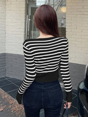 Yipinpay Cropped Sweater Women Vintage Striped Autumn New O Neck Slim Stretch Bottoming Ladies Knitted Tops Sexy Fashion