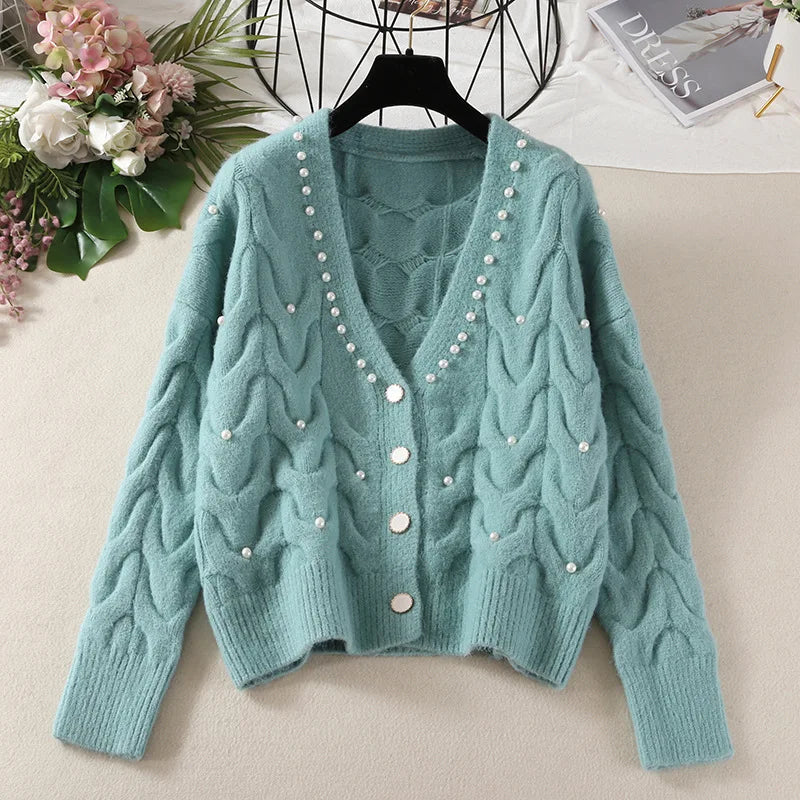 Yipinpay new fashion all-match knitted outer wear sweater Sweet beaded V-neck knitted cardigan women's spring