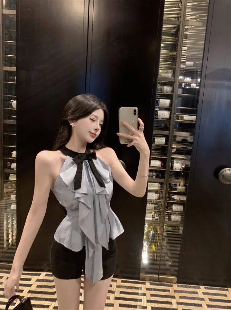 Yipinpay Elegant Shirts Women Sleeveless Halter Bowknot Ruffles Patchwork Slim Summer Fashion Sexy Blouse Female Casual Tops