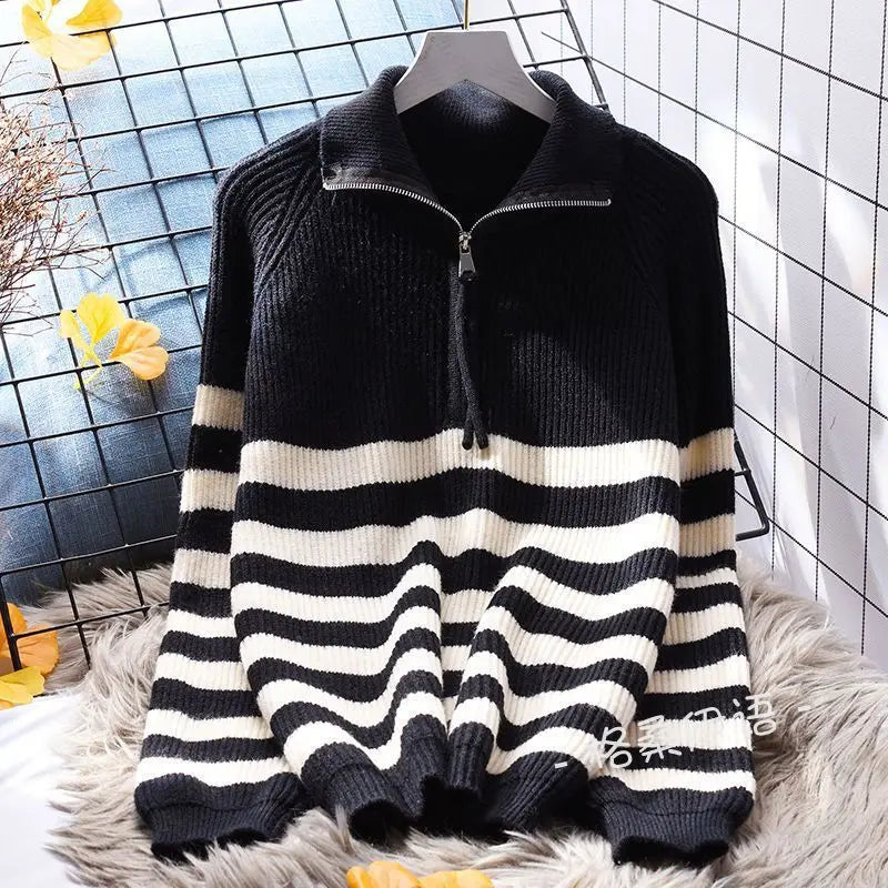 Yipinpay neck zipper stripe pullover sweater for women loose sweater 2024 autumn/winter Japanese knit sweater pullover female top