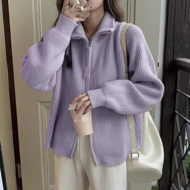 Yipinpay cardigan sweater female spring and autumn lapel zipper sweater long sleeve solid women foreign outerwear cardigan female