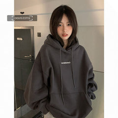 yipinpay Dark Grey Hoodie Fleece Thicken Sweatshirt Long Sleeve Korean Letter Printing Baggy Female Tops Pullover Hoodie Autumn 0406