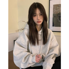 yipinpay Dark Grey Hoodie Fleece Thicken Sweatshirt Long Sleeve Korean Letter Printing Baggy Female Tops Pullover Hoodie Autumn 0406