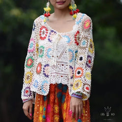 Yipinpay crochet sweater jacket 2024 spring and autumn fashion women's loose ethnic style cardigan jacket casual sweater