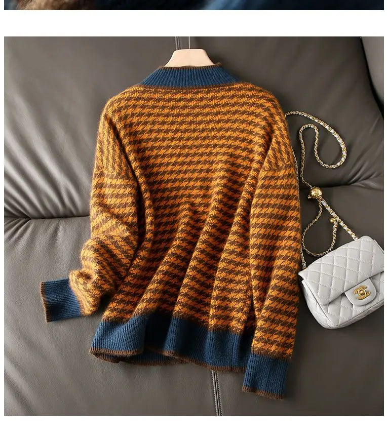 Yipinpay half turtleneck loose and thin knitted sweater women 22 autumn long sleeve casual plaid pullover sweater female