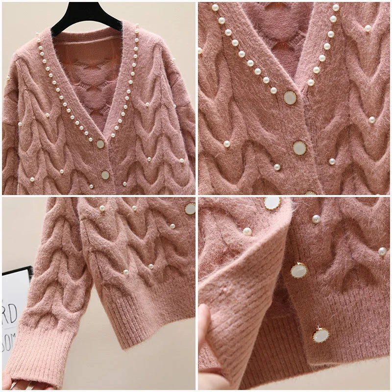 Yipinpay new fashion all-match knitted outer wear sweater Sweet beaded V-neck knitted cardigan women's spring