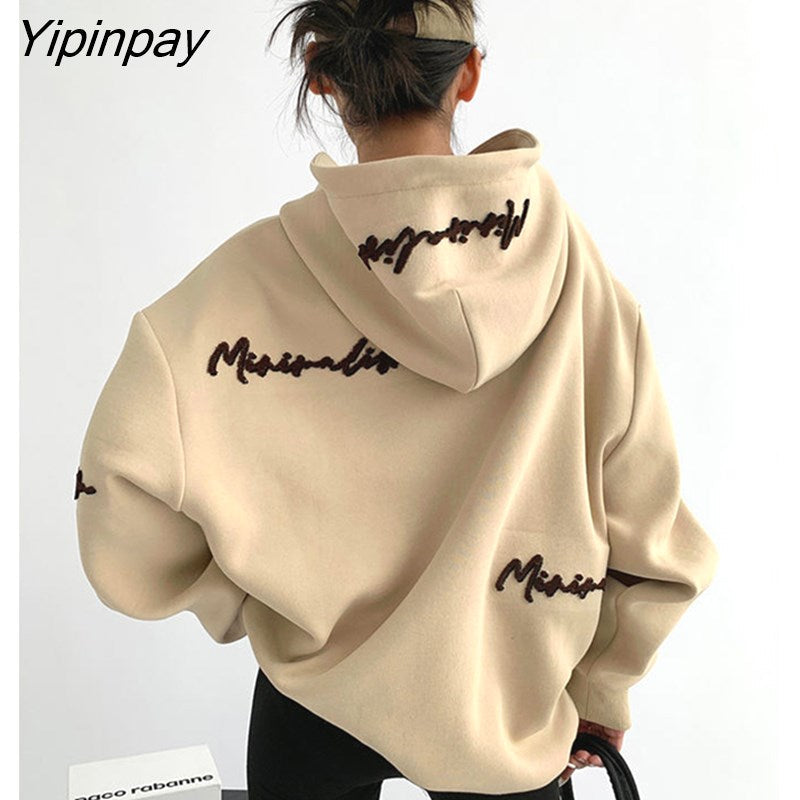 Yipinpay 2023 Winter Streetwear Oversieze Letter Embroidery Thick Hoodies Women Long Sleeve Sweatshirt Female Pullover Clothing 0406